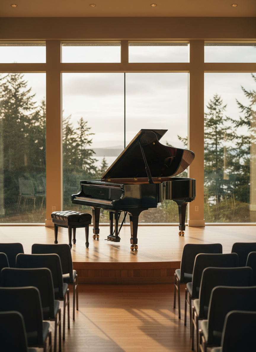 A small recital space with a glossy black baby grand piano centered on a low wooden platform stage, its lid elegantly raised. Rows of simple, comfortable chairs face the stage, slightly out of focus, suggesting an intimate audience setup. Behind the piano, floor-to-ceiling windows reveal a softened view of Whidbey Island’s evergreen trees and distant water, bathed in golden hour light. The warm sunlight catches the edge of the piano and bench, creating a gentle glow and long, graceful shadows. Photographic realism, eye-level, symmetrical composition, conveying a sense of achievement, performance, and community celebration.
