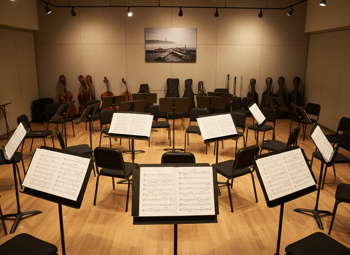 A warmly lit ensemble room with a semicircle of empty, matching black music stands and chairs arranged as if ready for a youth orchestra rehearsal. On each stand sits open, textless sheet music marked with expressive handwritten notations. In the background, a tidy row of instrument cases—cellos, violins, flutes, and clarinets—leans against a neutral wall, with a subtle, framed landscape photo hinting at Whidbey Island shoreline. Overhead track lighting casts soft pools of light on the stands, with gentle shadows creating depth. Photographic realism, wide-angle lens, rule-of-thirds composition, capturing an anticipatory, community-centered atmosphere at a serious music academy.