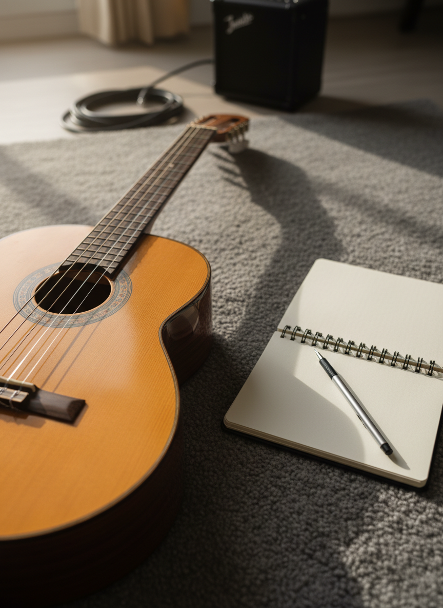 A detailed close-up of a classical acoustic guitar lying on a textured gray practice rug, its honey-colored spruce top and intricate rosette sharply in focus. Next to it, a slim, spiral-bound practice journal lies open, pages blank and free of text, with a mechanical pencil resting diagonally across. In the softly blurred background, a compact black amplifier and a neatly coiled cable suggest versatility in instruction. Gentle late-afternoon window light rakes in from the side, creating delicate shadows along the strings and fretboard. Photographic realism, shallow depth of field, low-angle composition from the headstock end, evoking quiet concentration and disciplined practice.