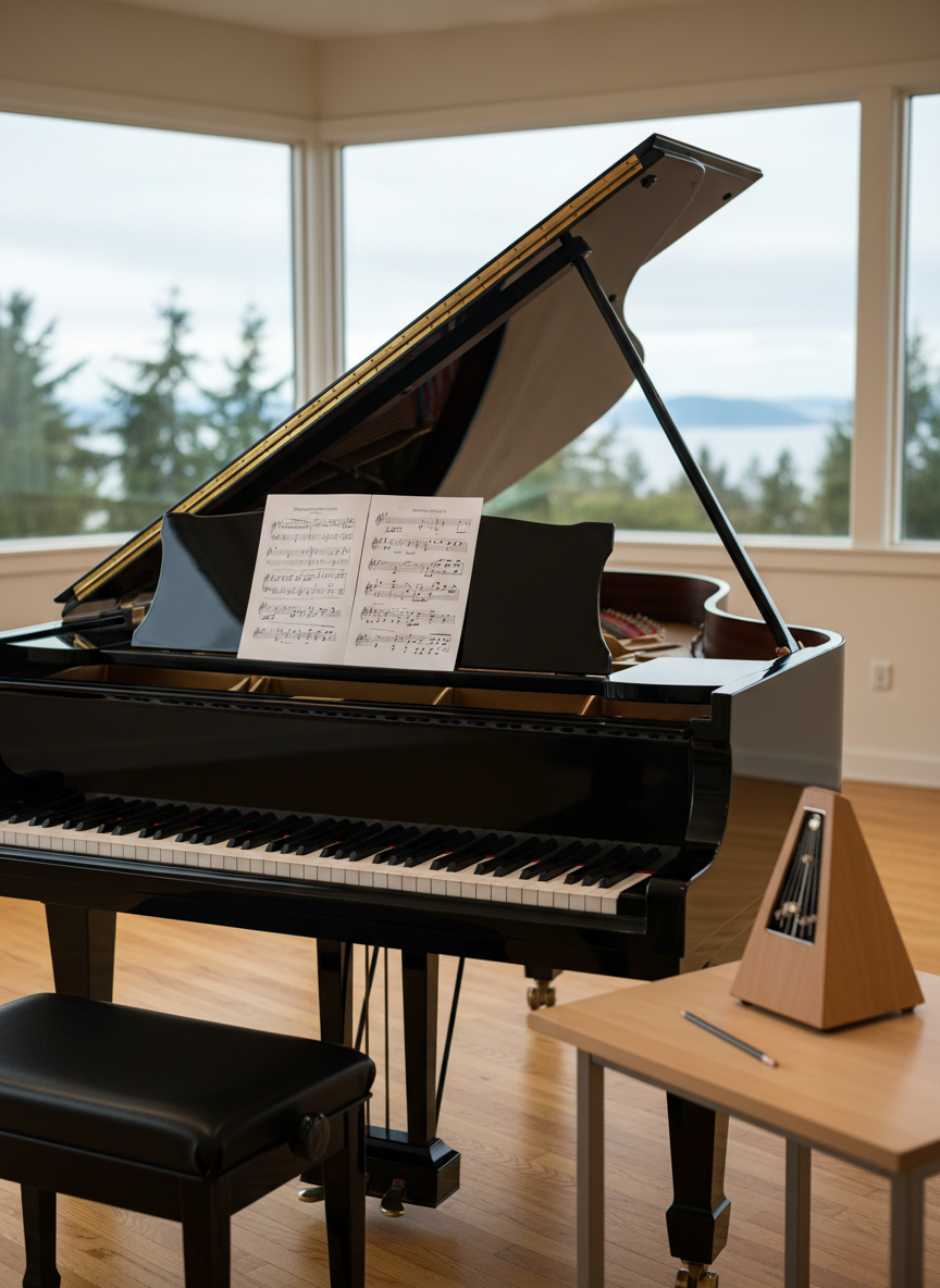 A polished black grand piano with its lid propped open, glossy surface reflecting soft highlights, sits in a bright teaching studio. Neatly arranged sheet music rests on the stand, and a metronome and pencil lie on a smooth maple side table. Large windows reveal a faint hint of Whidbey Island’s evergreen trees in soft focus outside. Gentle afternoon natural light fills the room, creating calm, inviting shadows on the hardwood floor. Photographic realism, shot at eye level with a slight angle from the keyboard, shallow depth of field drawing attention to the keys and music, conveying a professional yet welcoming music academy atmosphere in Freeland, WA.