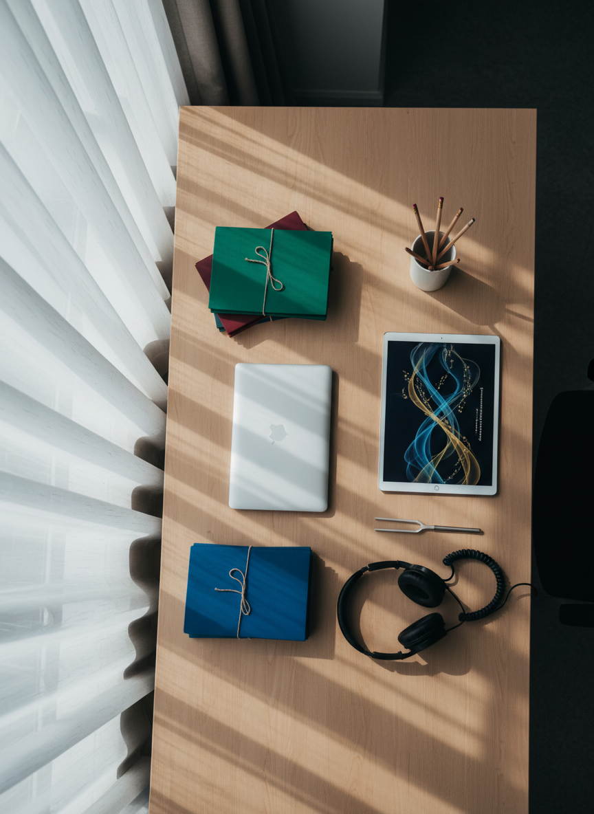 An overhead view of a tidy teaching desk beside a window, set in a music academy office. A sleek laptop sits closed next to a tablet displaying text-free, stylized music notation graphics, surrounded by neatly stacked lesson folders in muted jewel tones. A tuning fork, a pair of over-ear studio headphones, and a simple pencil cup with sharpened pencils add functional detail. Soft, diffused daylight from the window creates even lighting with mild, natural shadows. Photographic realism, flat-lay style composition, clean and modern aesthetic, conveying organization, professionalism, and structured lesson planning behind the scenes at the academy.