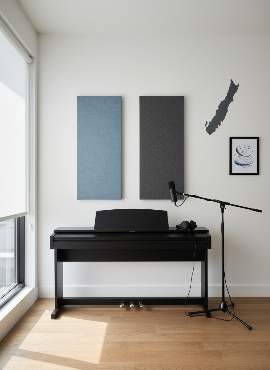 An organized teaching room featuring a sleek digital piano against a clean white wall, flanked by two simple sound-absorbing panels in muted blues and grays. On the adjacent wall, a minimalist map silhouette of Whidbey Island and a small, text-free poster with abstract musical notation shapes hint at local community focus. A recording microphone on a boom stand and a pair of studio headphones rest neatly on the piano. Soft, diffused overcast light streams through a large side window, creating even illumination and faint shadows. Photographic realism, eye-level composition, sharp focus throughout, conveying a modern, professional environment for private lessons and rehearsals.