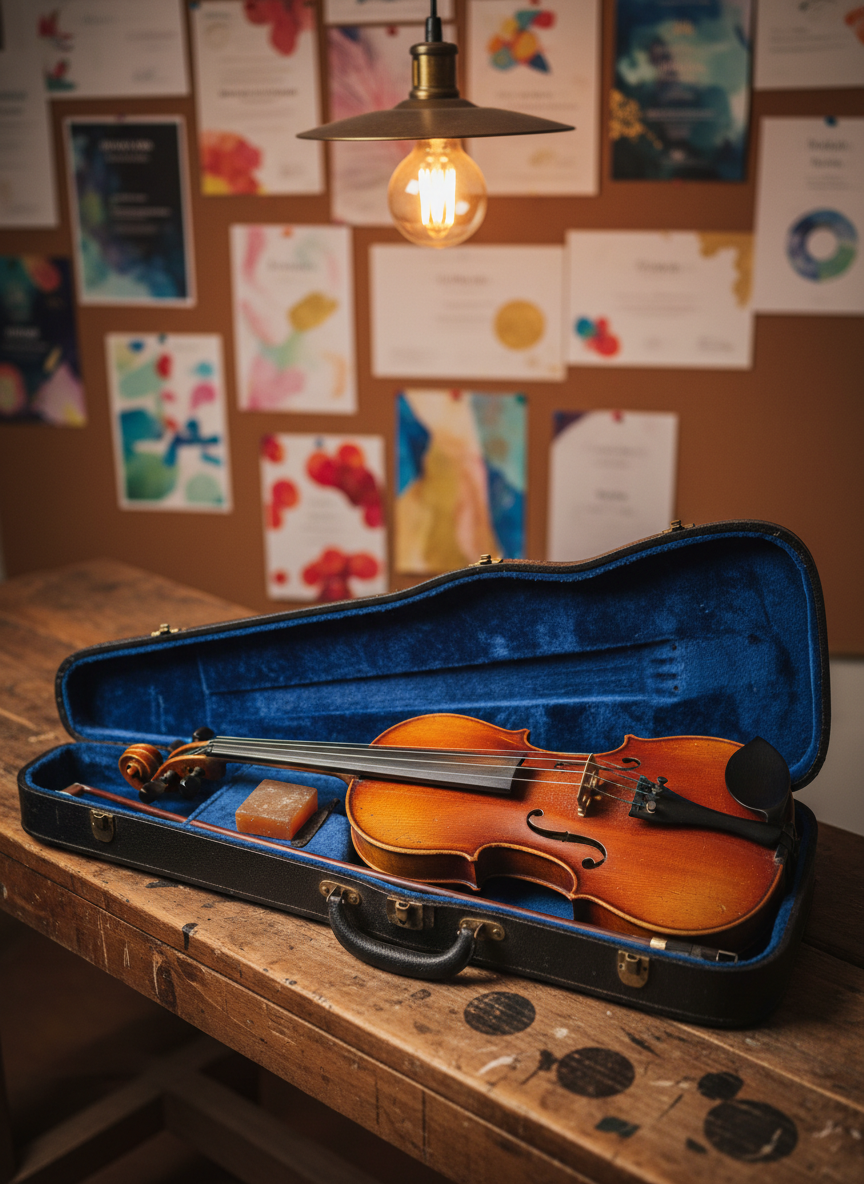 A close-up of a well-worn violin resting in an open velvet-lined case on a wooden studio bench, its rich amber varnish and fine wood grain glowing subtly. Nearby, a rosin block and carefully coiled bow add tactile detail. Behind, slightly blurred, a wall-mounted corkboard displays colorful, text-free recital programs and abstract certificates suggesting student achievements. Soft, warm pendant lighting overhead casts gentle, focused highlights on the curves of the instrument, creating a sense of heritage and dedication. Photographic realism, captured from a slightly elevated angle, with balanced composition emphasizing the violin as the heart of classical training at a professional island music academy.