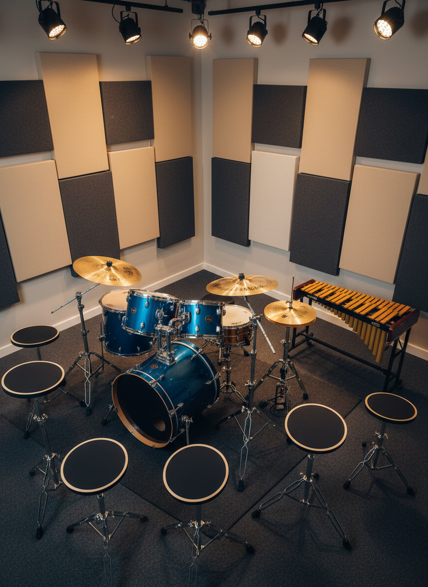 A neatly arranged percussion corner in a teaching studio featuring a full drum kit with gleaming chrome hardware and deep blue shells, surrounded by a variety of carefully positioned practice pads and a small xylophone. The kit sits on a dark, sound-dampening rug, with acoustic treatment panels in neutral tones on the wall behind. Overhead, focused studio lights cast soft, controlled highlights on cymbals and rims, with subtle reflections adding depth. Photographic realism, three-quarter overhead angle, wide but uncluttered composition, creating an energetic yet controlled atmosphere that reflects professional rhythm training at a community-focused music academy.