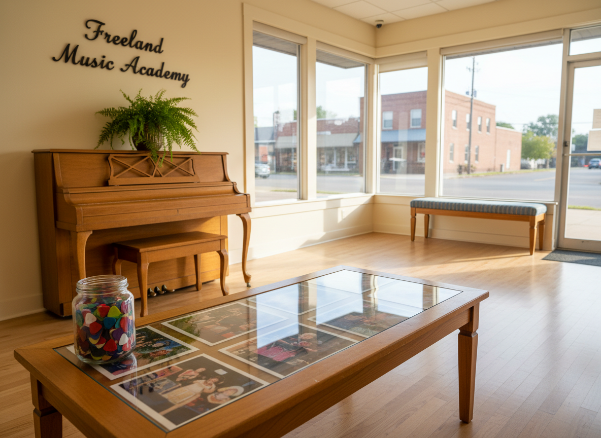 A bright, family-friendly lobby area of a music academy, with a low, light-wood table displaying framed, text-free photo collages of recitals and community events, subtly blurred to avoid recognizable faces. Nearby, a small, well-maintained upright piano in natural wood sits against the wall, its top decorated with a potted fern and a decorative glass jar filled with colorful guitar picks. Large windows reveal a hint of Freeland’s small-town streetscape outside. Soft morning sunlight creates welcoming highlights and gentle shadows. Photographic realism, slightly elevated angle, balanced composition, conveying trust, local connection, and a professional yet approachable environment for families seeking lessons.