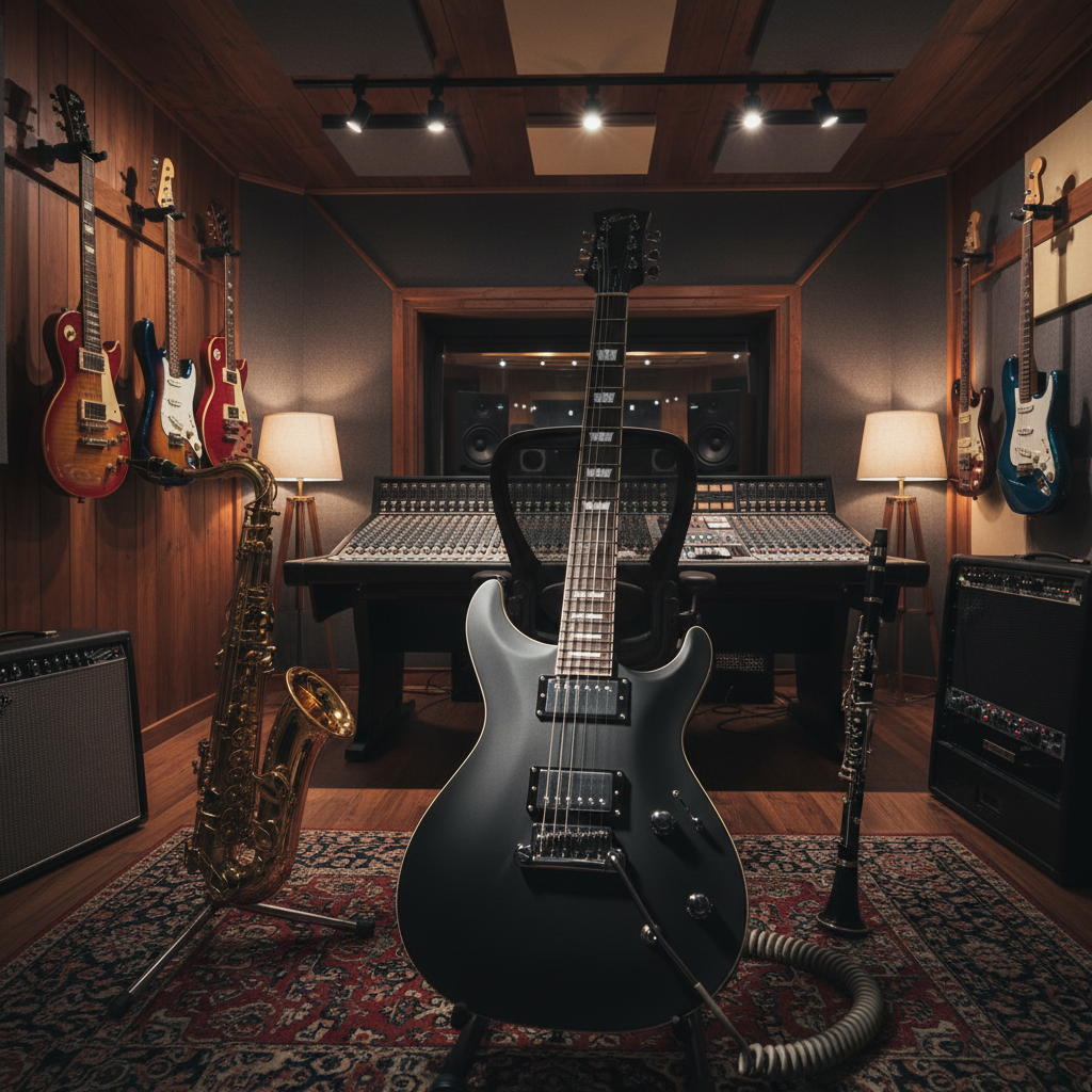 A professional recording studio interior with warm, atmospheric lighting. Various instruments are displayed and arranged throughout the space: multiple electric guitars and bass guitars hanging on the wall or leaning on stands (various colors and styles — Stratocaster, Les Paul, jazz bass), woodwind instruments like a saxophone and clarinet resting on stands, acoustic treatment panels on the walls, a mixing console or recording desk visible in the background, rich wood tones, moody ambient lighting with subtle warm glows. No people. Professional music studio atmosphere.