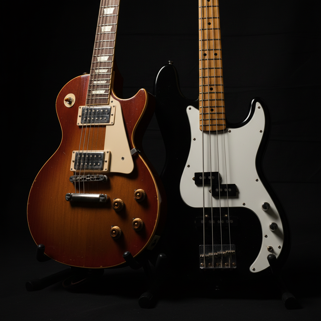 A close-up, dark and moody photo of an electric guitar and electric bass side by side. Deep shadows, dramatic low-key lighting with subtle highlights catching the curves of the guitar bodies, strings, and hardware. One guitar is a solid-body electric (like a Stratocaster or Les Paul style) and one is an electric bass. Dark background, rich contrast, professional feel. No people, no other instruments.