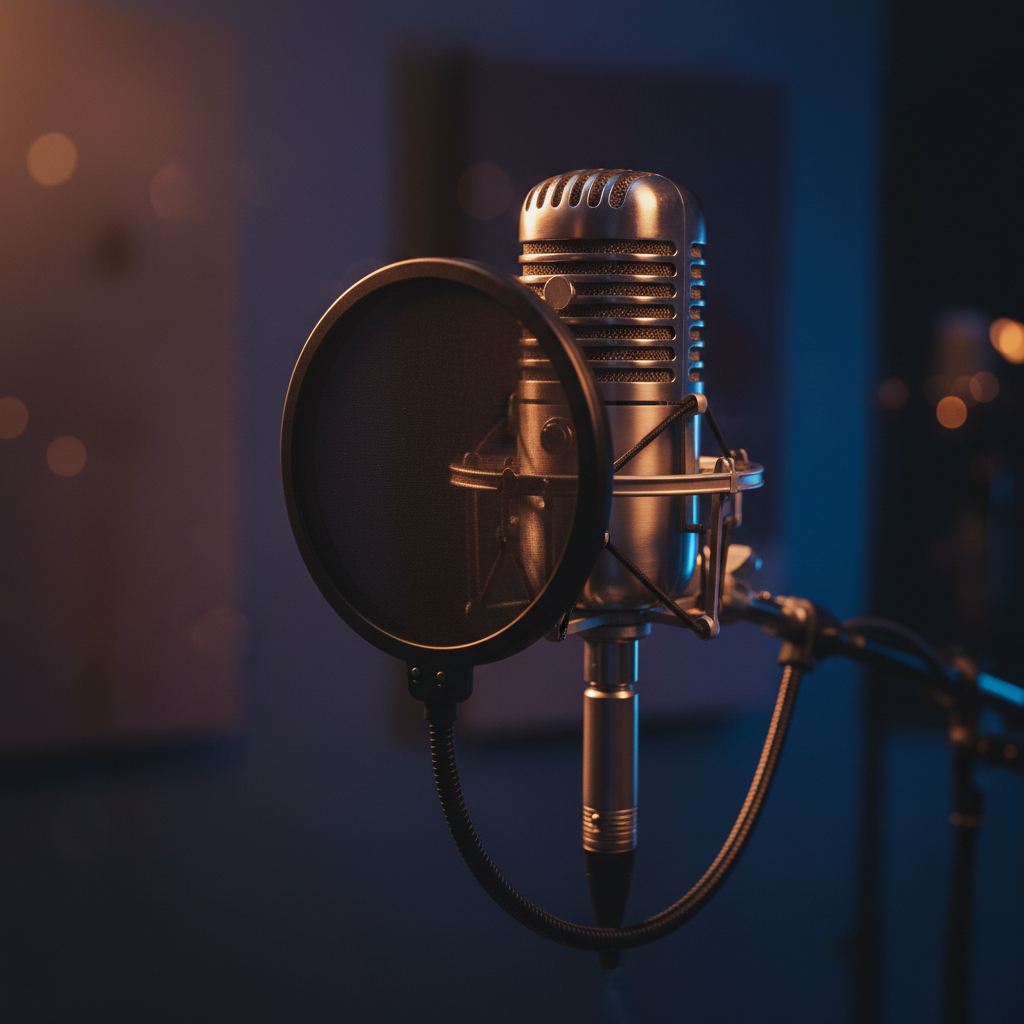 A close-up, moody photo of a retro vintage microphone with a pop filter/pop guard in front of it. The microphone is a classic large-diaphragm condenser or ribbon-style mic with a chrome or silver finish, warm dramatic lighting highlighting the metal mesh and body details. The pop guard is clearly visible in the foreground. Dark, atmospheric background with soft bokeh. Studio recording aesthetic. No people.