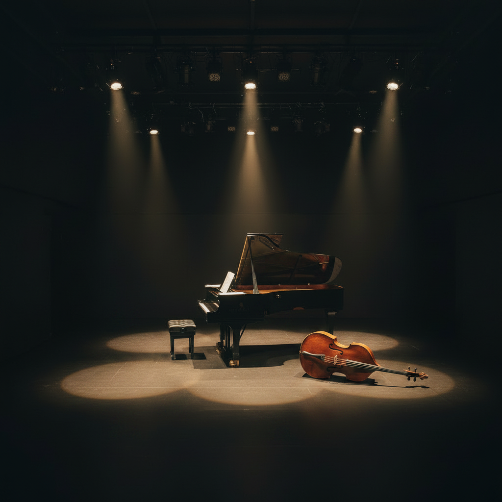 A black box theater stage with dramatic stage lighting. On the stage, a cello is laying on its side on the floor, and a grand piano sits nearby. The black box theater has dark walls, a black floor, and theatrical overhead spotlights casting warm pools of light on the instruments. No double bass, no other instruments. Moody, atmospheric, intimate performance space. No people.