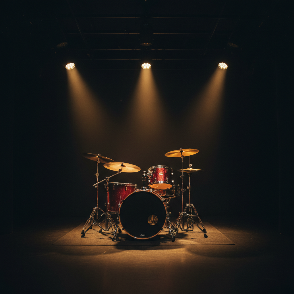 A drum set on a black box theater stage with dramatic theatrical lighting. The drum kit is fully set up — bass drum, snare, hi-hats, cymbals, tom drums — lit by overhead spotlights casting warm pools of light against the dark black walls and black floor of the theater. Moody, atmospheric, intimate performance space. No people, just the drum set on stage.