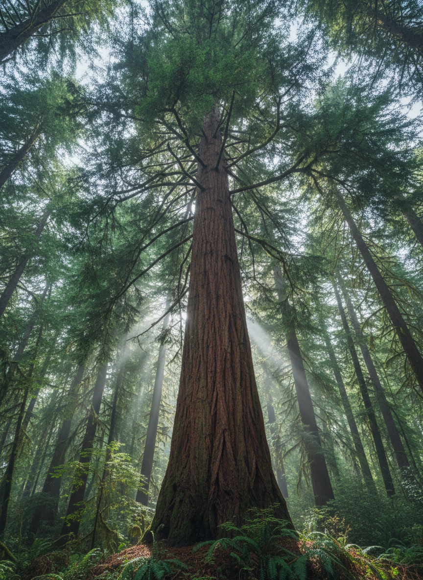 A tall, majestic Douglas fir tree photographed from below looking up, with rich dark green needles and deeply furrowed reddish-brown bark, Pacific Northwest forest atmosphere, soft natural light filtering through the canopy, moody and lush, photographic realism.
