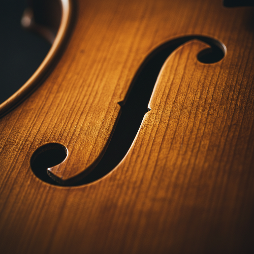 An extreme close-up macro photo of a violin f-hole (the elegant S-shaped sound hole cut into the spruce top of a violin). The grain of the warm amber-golden varnished wood is visible in rich detail, dramatic lighting casting deep shadows into the f-hole opening, highlighting the carved edges and the lustrous finish of the instrument. Dark, moody, artistic, beautifully lit. No full instrument visible — just the f-hole and surrounding wood up close.