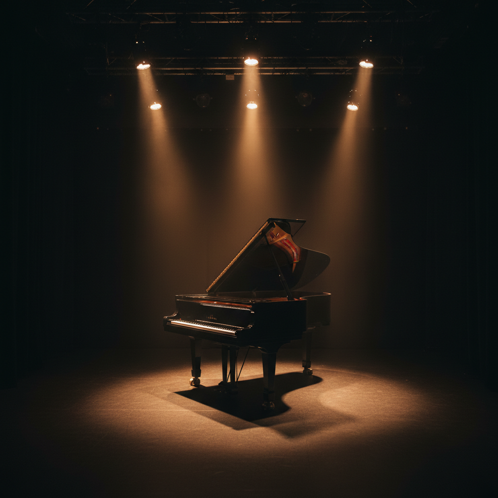 A baby grand piano on a black box theater stage with dramatic theatrical lighting. The piano has its lid propped open, glossy black finish reflecting the overhead spotlights. The black box theater has dark walls, a black floor, and warm theatrical spotlights casting a pool of light on the piano. Moody, intimate, atmospheric performance space. No people, just the baby grand piano on stage.