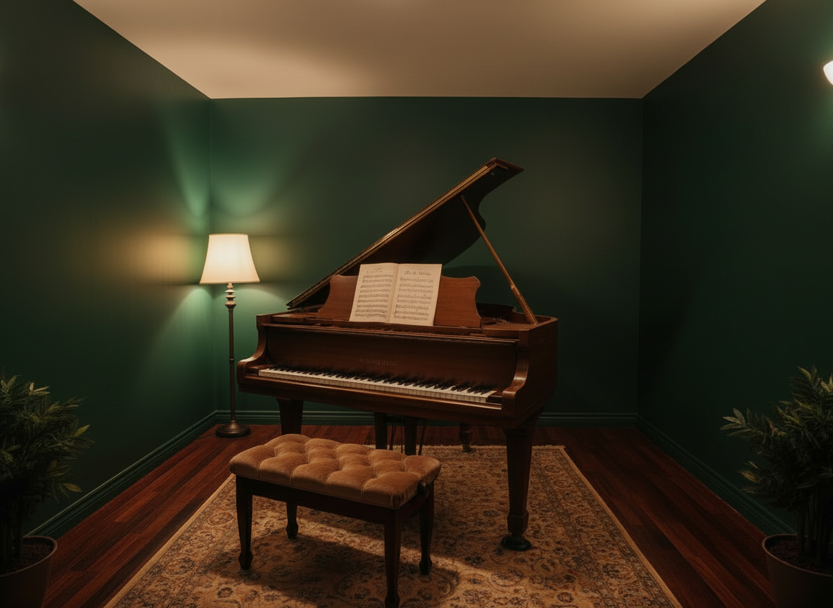 A cozy piano practice room with no windows, no acoustic panels on the ceiling, no wall sconces or lights mounted on the walls. The walls are a rich woodsy forest green — deep, earthy, like moss or old-growth fir. An upright or baby grand piano is the centerpiece with sheet music open on the stand. Warm intimate lighting from a single overhead ceiling fixture or floor lamp only, wood floors, a piano bench. Clean bare green walls, clean ceiling with no panels. No windows, no natural light, no acoustic treatment anywhere.