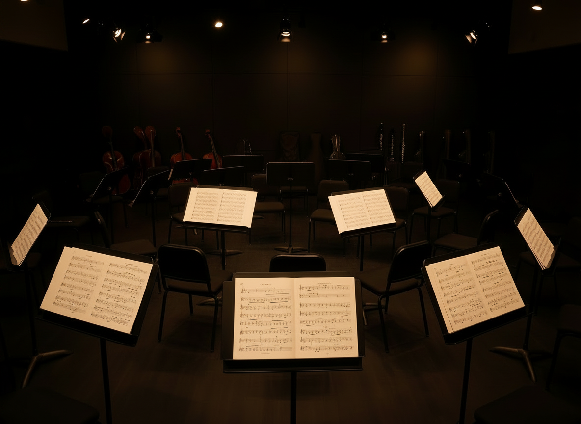 A black box theater stage with dramatic theatrical lighting. A semicircle of empty black music stands and chairs arranged as if ready for a youth orchestra rehearsal, with open sheet music on each stand. Instrument cases — cellos, violins, flutes, and clarinets — lean against the back walls, which are more brightly lit so the instruments are clearly visible. Overhead theatrical spotlights cast warm pools of light on both the stands in the foreground and the back wall area. The back of the stage is well-lit enough to clearly see the instrument cases and the dark walls behind them. Black walls, black floor, intimate black box theater atmosphere. No windows. Photographic realism, wide-angle lens.